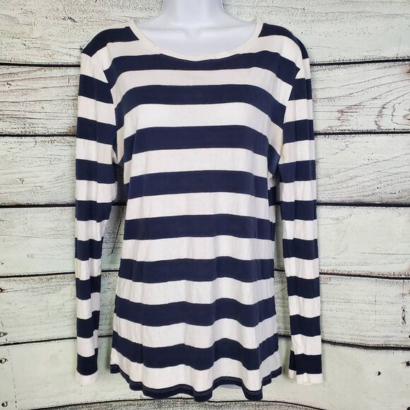 Old Navy Women’s XXL Navy Blue White Striped Long Sleeve Tee 100% Cotton Casual - Picture 1 of 5
